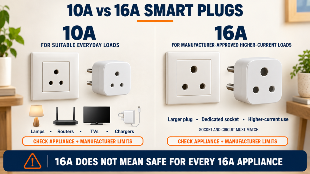 10A versus 16A smart plug comparison with matching Indian sockets and appliance suitability warning