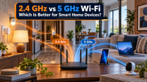 Dual-band router serving a 2.4-GHz smart plug and bulb alongside nearby 5-GHz phone, laptop and compatible camera
