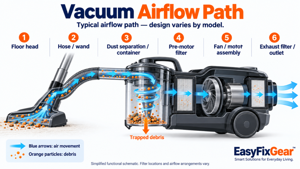 Typical bagless canister vacuum airflow path through the floor head, hose, dust container, pre-motor filter, fan assembly and exhaust filter; design varies by model.