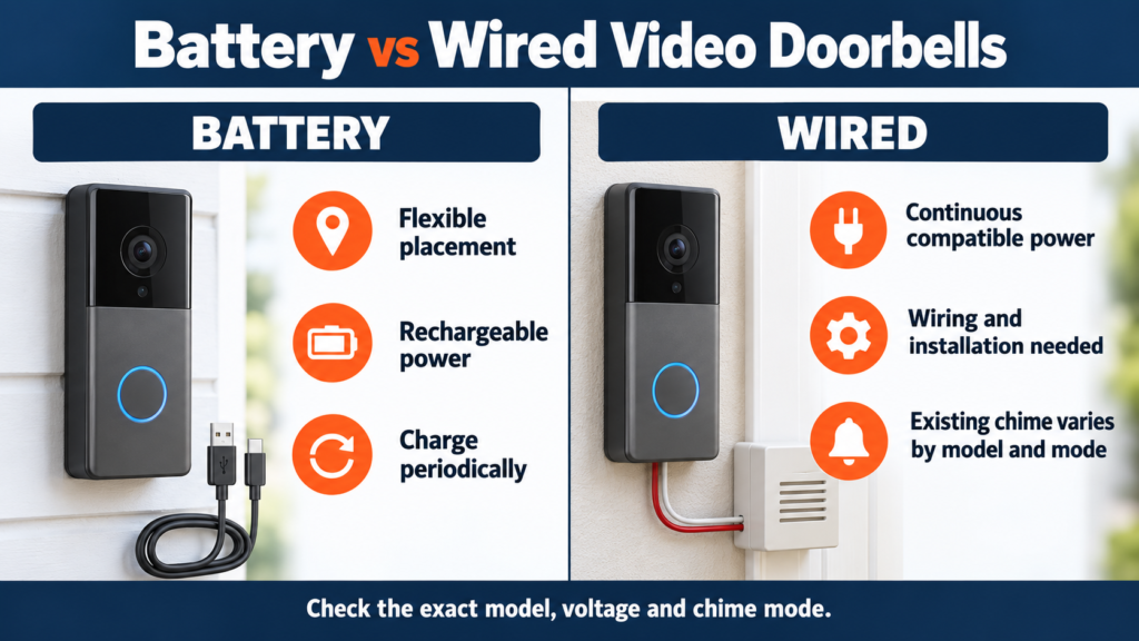 Battery and wired video doorbells compared by placement, charging, compatible power, installation and chime support
