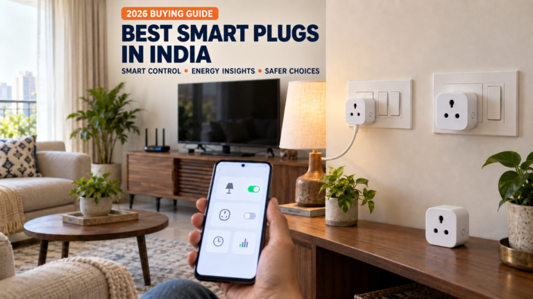 Best smart plugs in India compared beside compatible Indian wall sockets and a phone automation screen