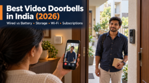 Visitor at a modern Indian apartment entrance with a video doorbell, indoor chime, and phone showing a live view.
