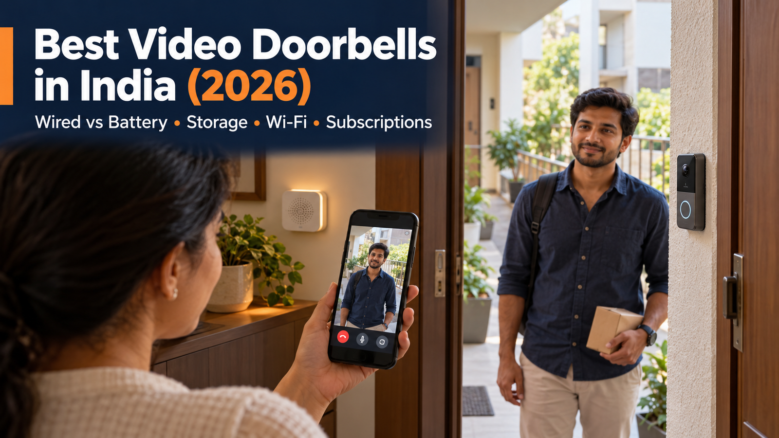 Visitor at a modern Indian apartment entrance with a video doorbell, indoor chime, and phone showing a live view.