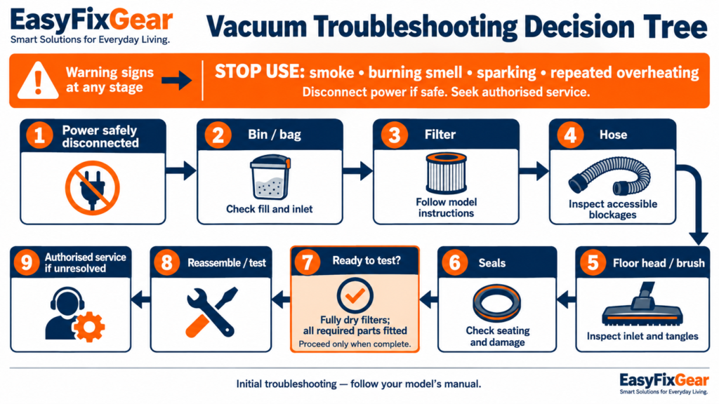 Safe vacuum troubleshooting flowchart covering the bin, filter, hose, floor head and seals before reassembly and testing, with stop-use warnings and authorised service if unresolved.