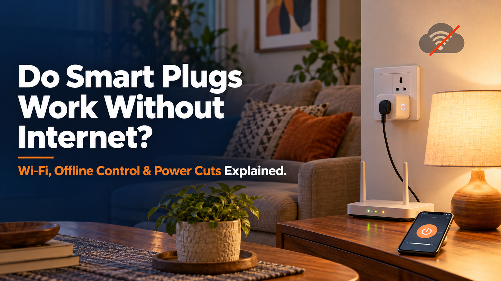 Powered smart plug controls a lamp beside a Wi-Fi router while an external internet cloud shows an outage.