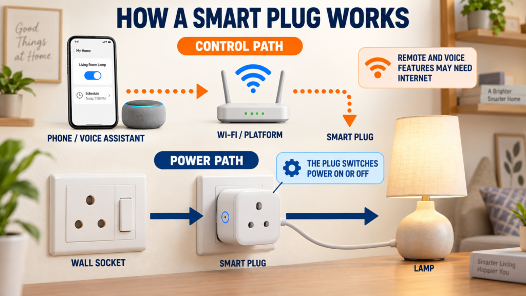 Smart plug connection diagram from wall socket to appliance and phone control through Wi-Fi