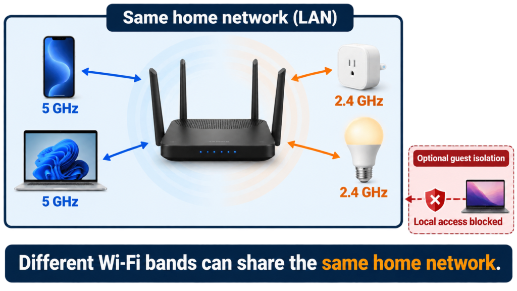 Phone on 5 GHz and smart plug on 2.4 GHz communicating through the same unisolated dual-band home router.