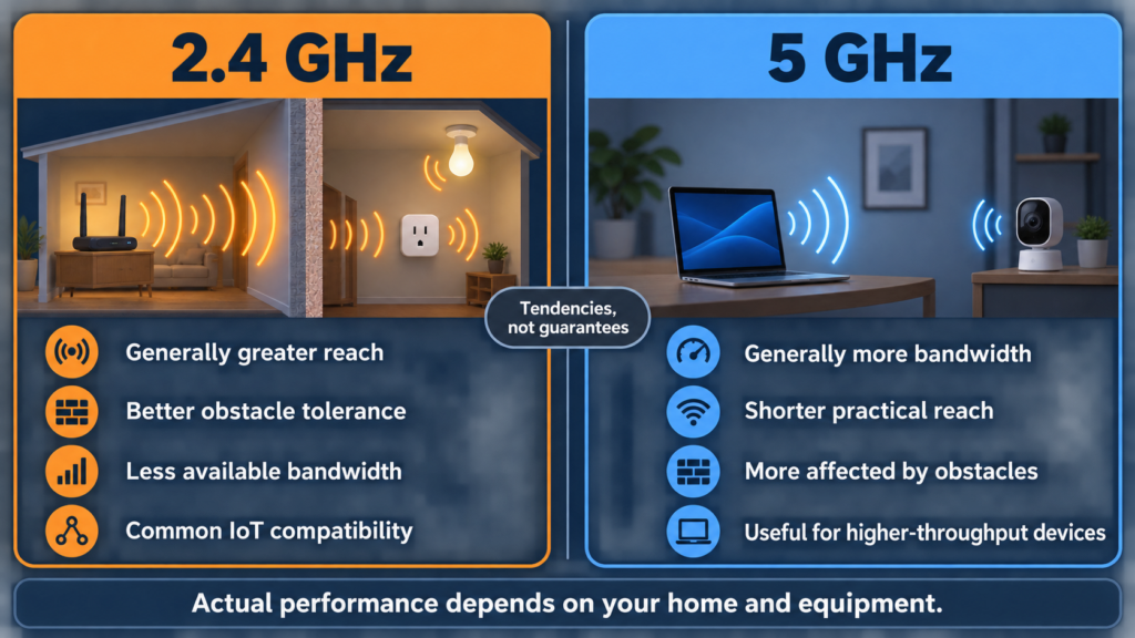 Comparison of typical 2.4-GHz and 5-GHz Wi-Fi range, obstacle penetration and available bandwidth with real-world caveat