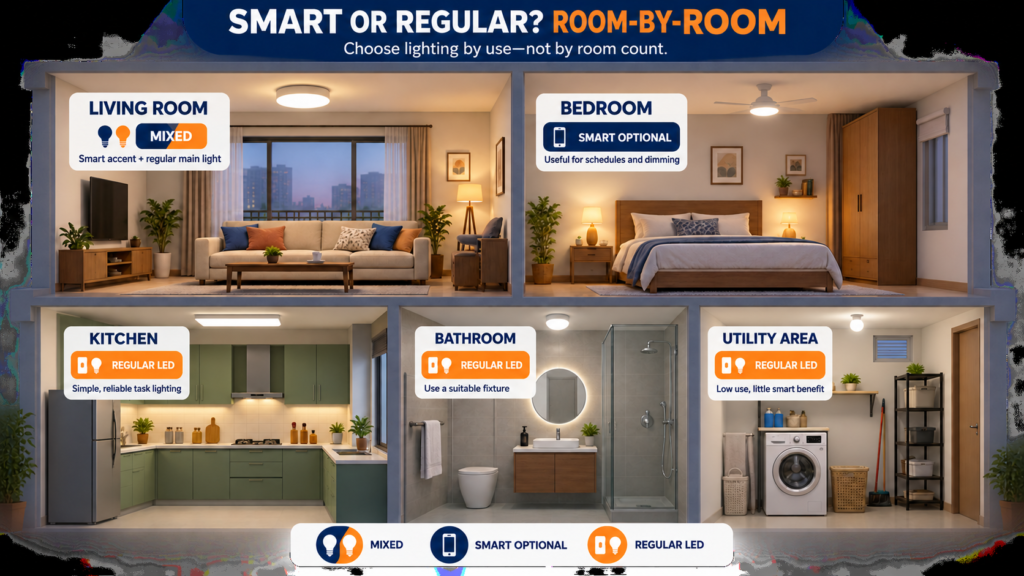 Room-by-room guide recommending smart, regular or mixed LED lighting for living room, bedroom, kitchen, bathroom and utility area