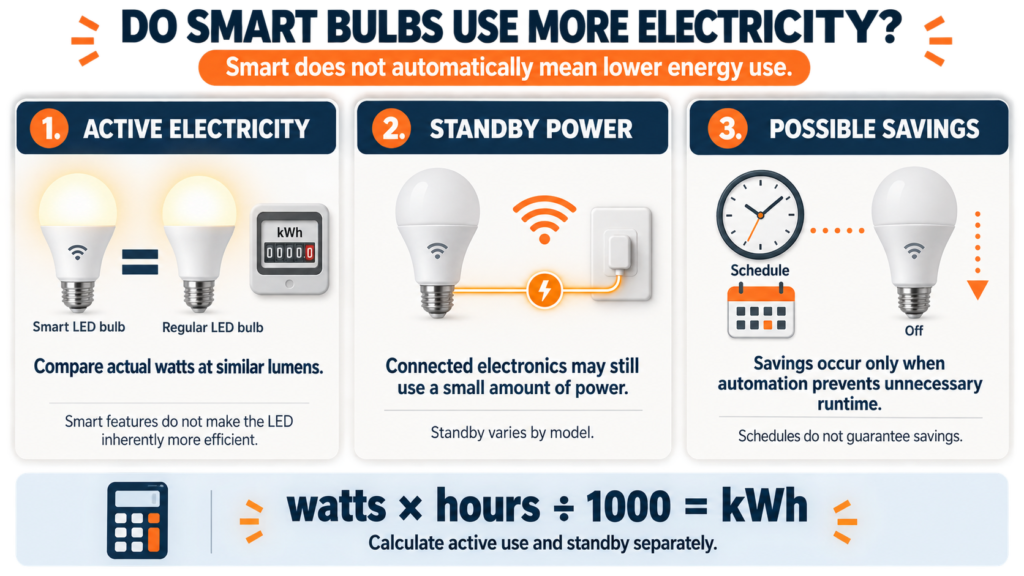 Smart bulb energy infographic showing active use, standby power and potential schedule savings without claiming automatic energy savings