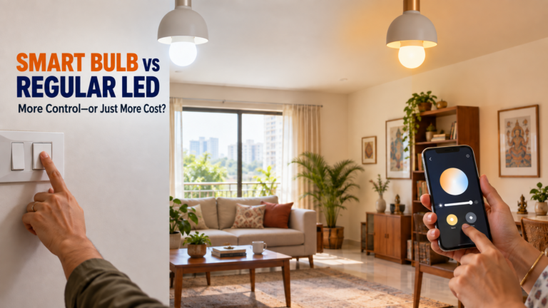 Smart bulb vs regular bulb comparison in a modern Indian living room with phone control and wall switch