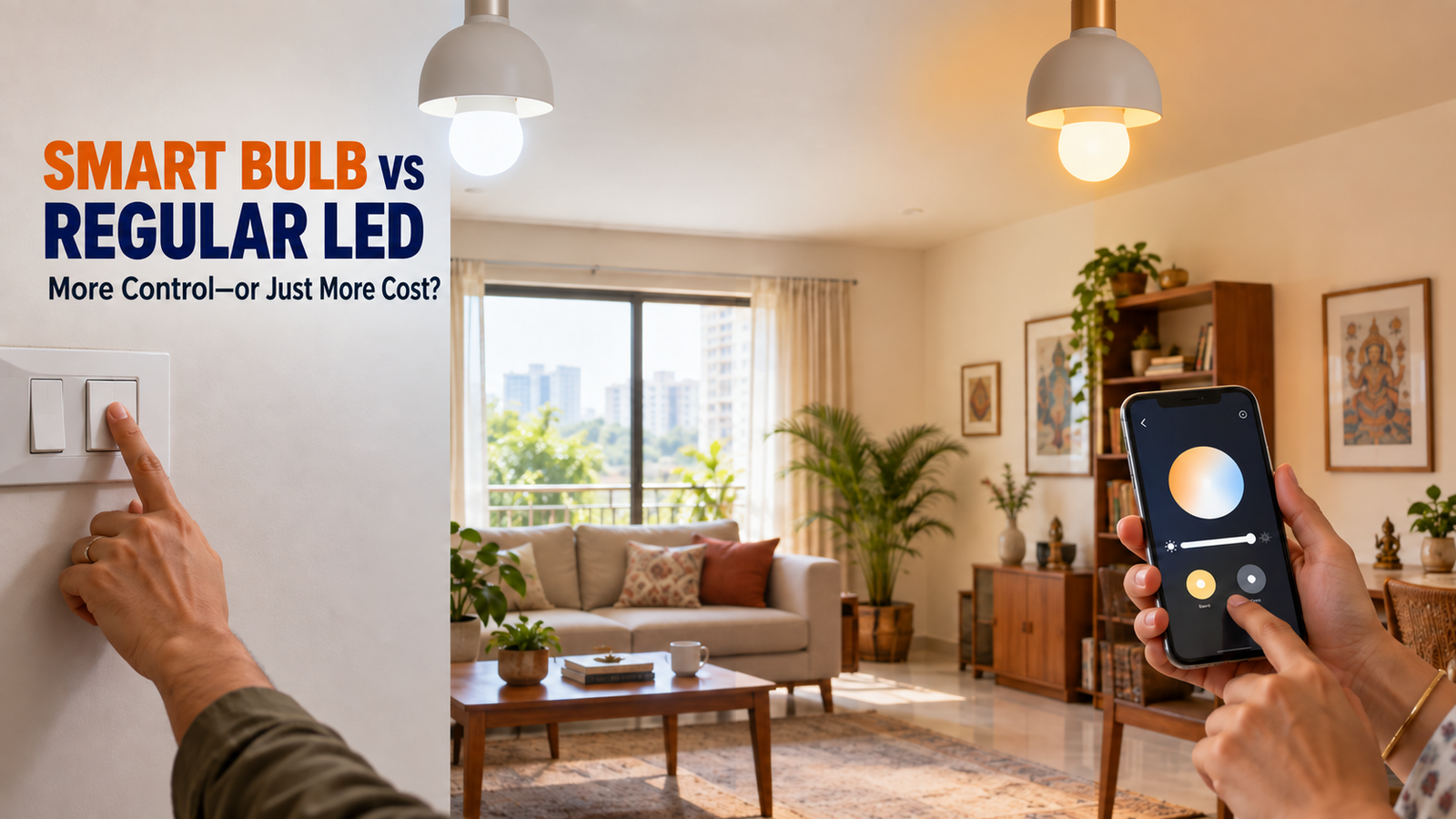 Smart bulb vs regular bulb comparison in a modern Indian living room with phone control and wall switch