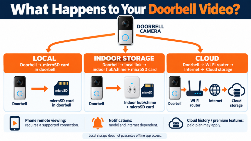 Three video-doorbell recording paths: on-device microSD, indoor hub storage, and cloud storage through Wi-Fi and the internet