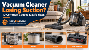 Vacuum cleaner loosing suction - an unbranded vacuum beside a rug on a tiled living-room floor, with crumbs left behind and inset details of the bin, filter, hose and floor head
