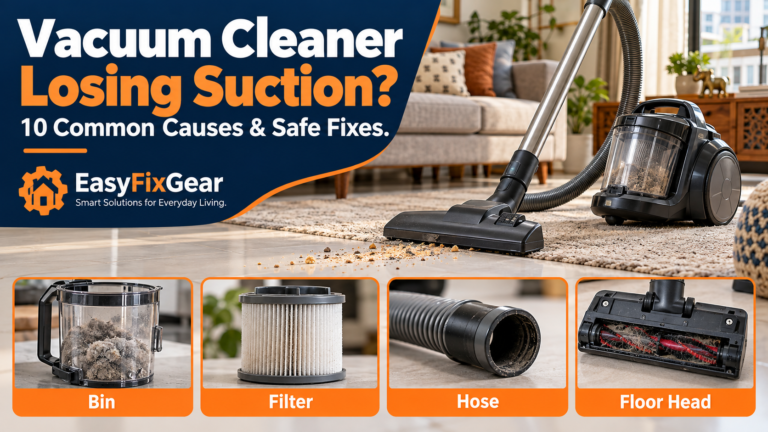 Vacuum cleaner loosing suction - an unbranded vacuum beside a rug on a tiled living-room floor, with crumbs left behind and inset details of the bin, filter, hose and floor head