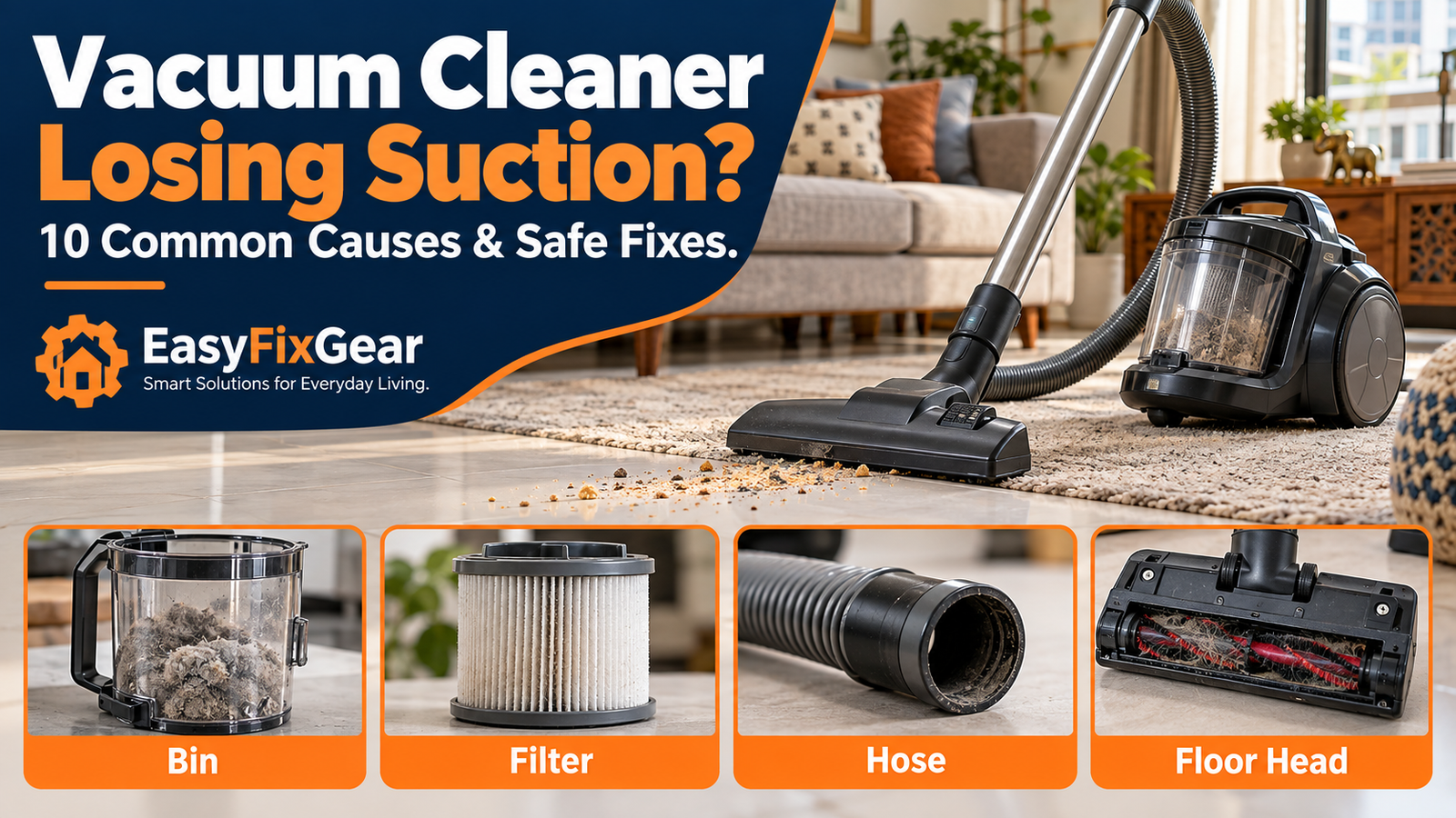Vacuum cleaner loosing suction - an unbranded vacuum beside a rug on a tiled living-room floor, with crumbs left behind and inset details of the bin, filter, hose and floor head