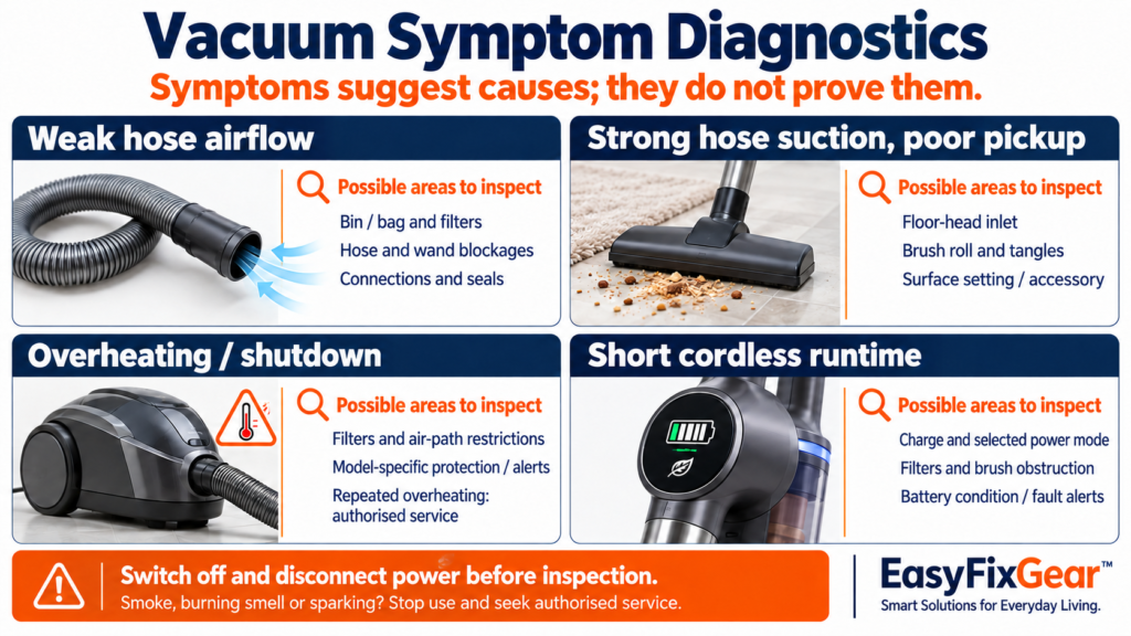 Vacuum symptom diagnostics in case vacuum cleaner loosing suction