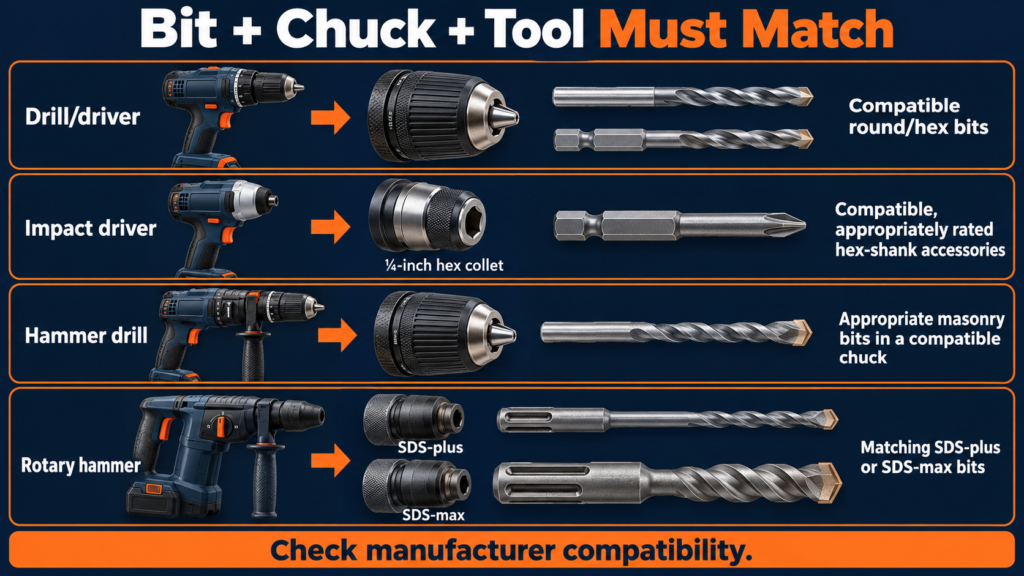 Tool compatibility guide showing drill/driver, impact driver, hammer drill and rotary hammer interfaces, with distinct SDS-plus and SDS-max connections