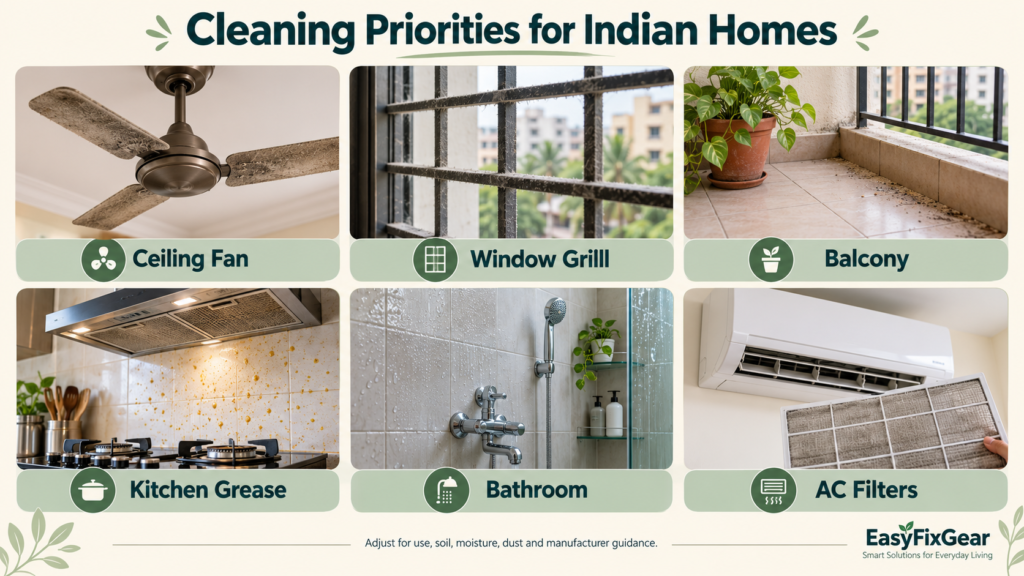 Ceiling fan, window grill, balcony, kitchen, bathroom and AC cleaning priorities