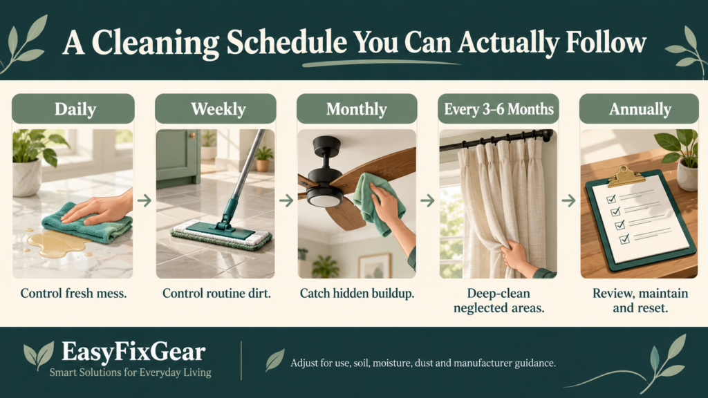 Five cleaning levels from daily mess control to annual household maintenance review