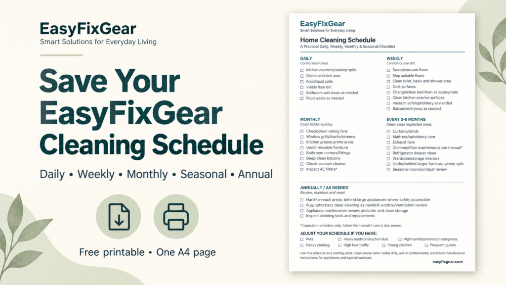 Preview of the printable EasyFixGear daily, weekly, monthly, seasonal and annual cleaning checklist