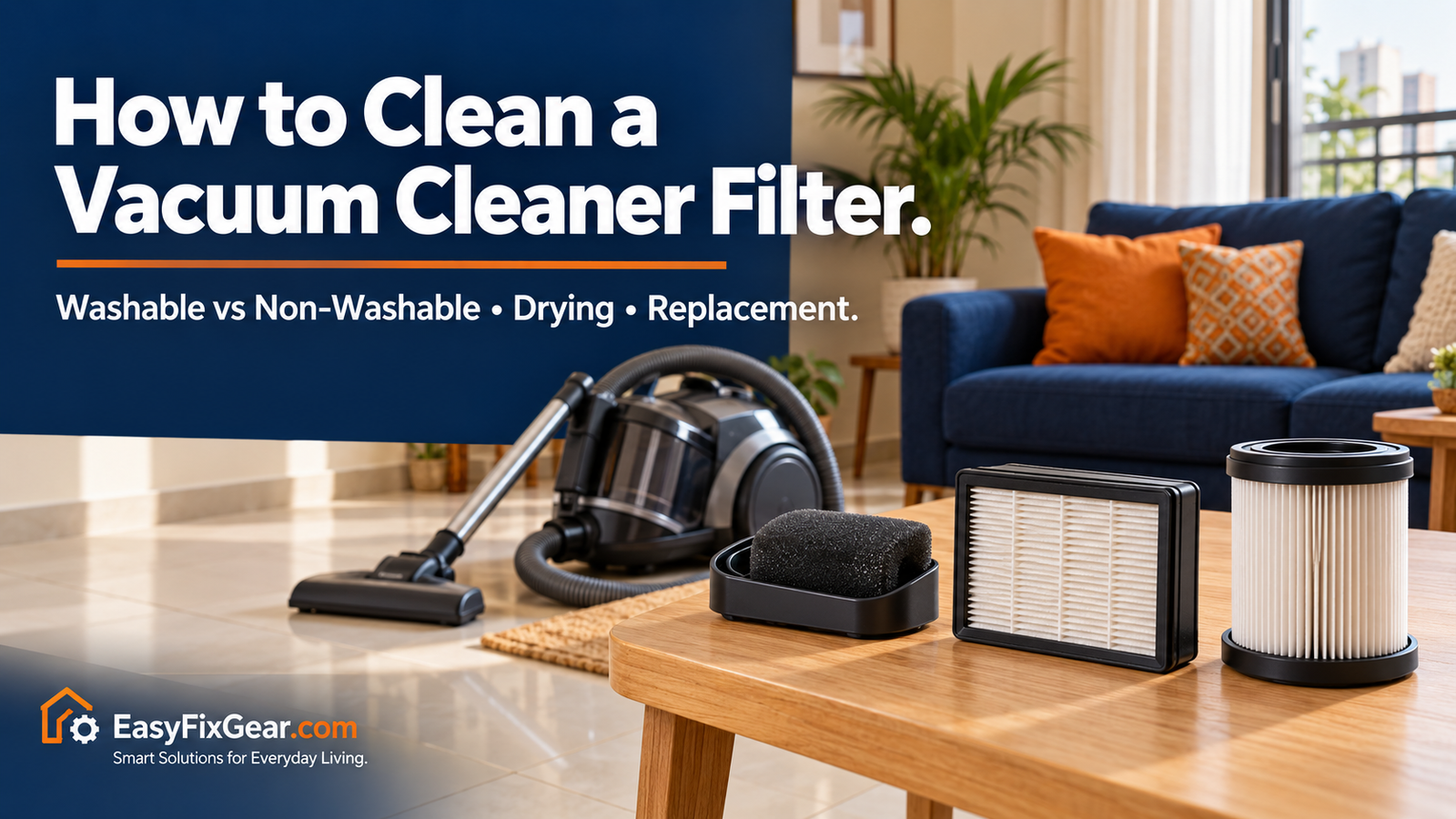 Vacuum cleaner and different filter assemblies in an Indian home, illustrating filter identification before maintenance