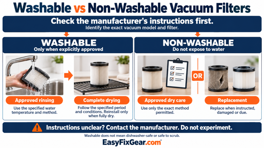 Washable and non-washable vacuum filter comparison showing manufacturer-approved rinsing and complete drying, or approved dry care and replacement