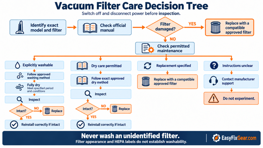 Vacuum filter-care decision tree covering model identification, manual checks, approved washing or dry care, complete drying, inspection, replacement and manufacturer support