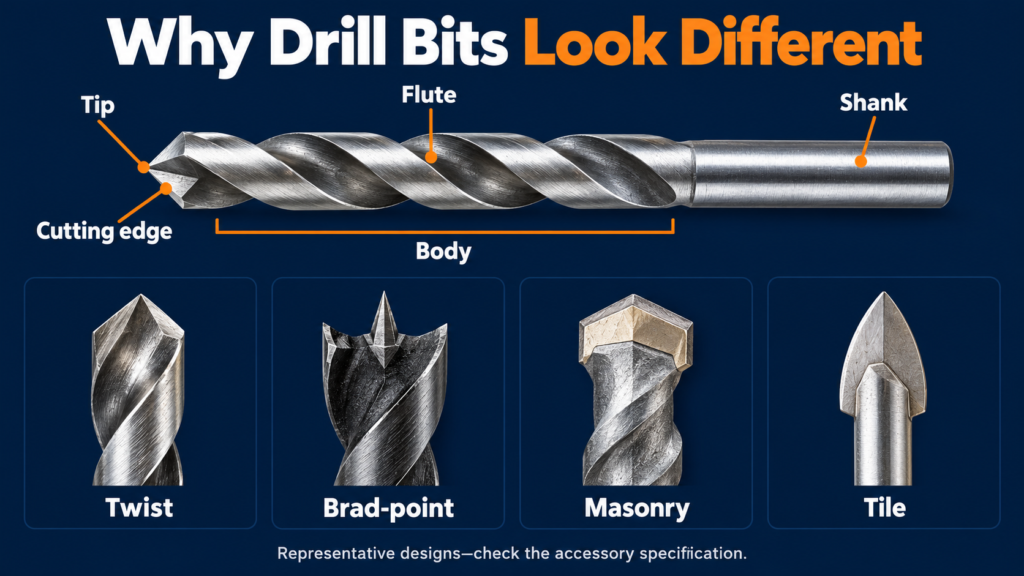 Labelled twist-bit anatomy showing the tip, cutting edge, flute, body and shank, with representative twist, brad-point, masonry and tile tips below