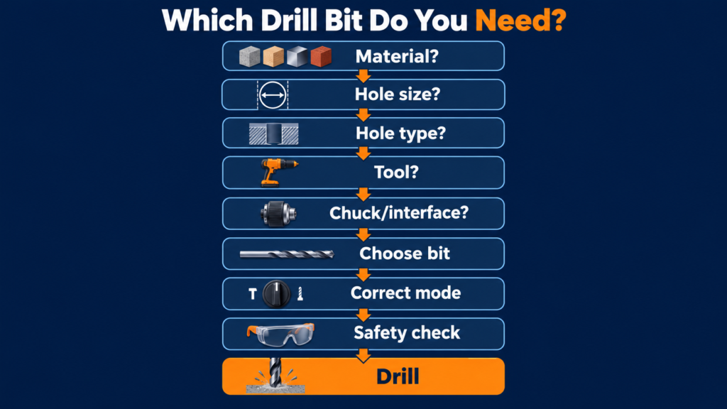 Vertical drill-bit selection flowchart covering material, hole size, hole type, tool, chuck interface, bit choice, correct mode and safety before drilling