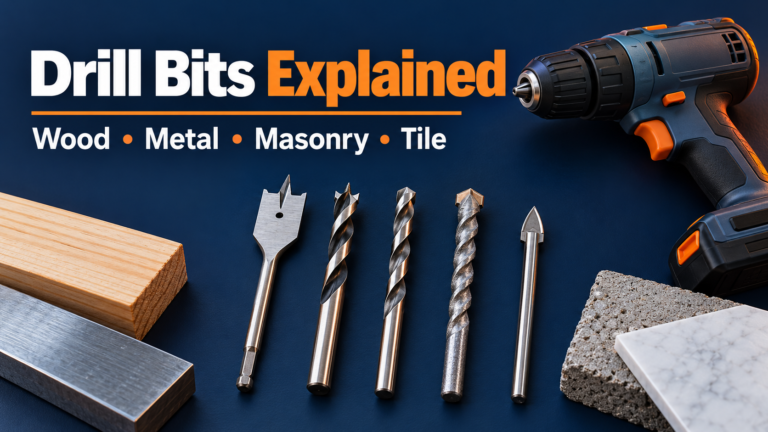 Organised wood, metal, masonry and tile drill bits beside a cordless drill, with “Drill Bits Explained” in navy-and-orange styling