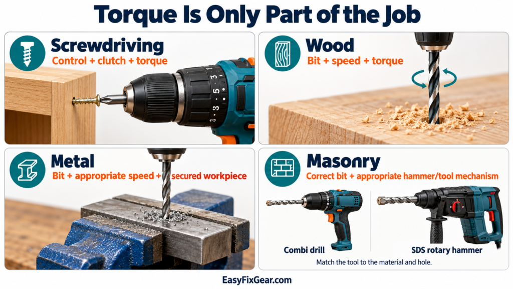 Four-panel task map showing key requirements for screwdriving, wood, metal and masonry, including secured metal and different masonry drilling tools.