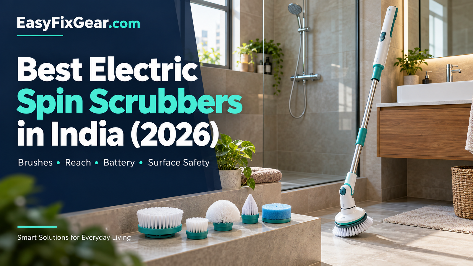Unbranded electric spin scrubber and brush heads beside tiled surfaces in a modern Indian bathroom