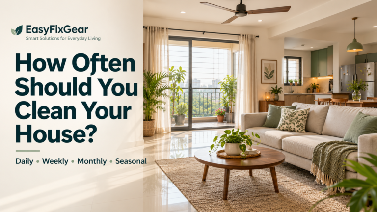 Modern Indian apartment showing living room, kitchen, ceiling fan and balcony cleaning zones