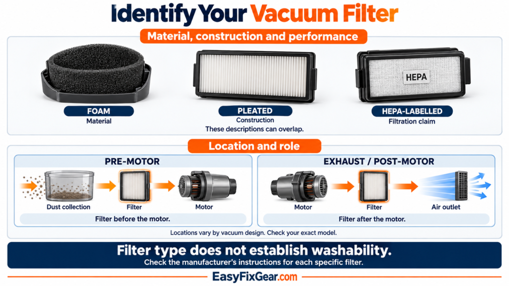 Foam, pleated and HEPA-labelled vacuum filters with pre-motor and exhaust location diagrams, explaining that filter type does not establish washability