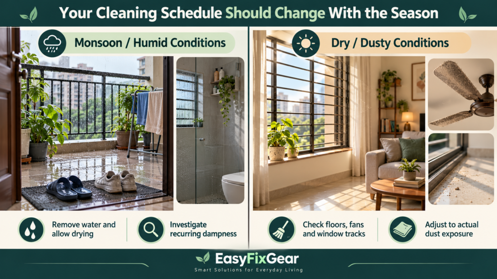 Monsoon moisture and wet footwear compared with dry-season dust entering through windows