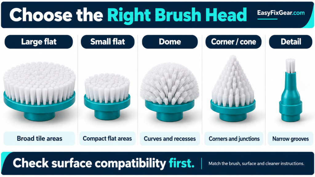 Five spin-scrubber brush heads—large flat, small flat, dome, corner/cone and detail—with typical uses and a reminder to check surface compatibility