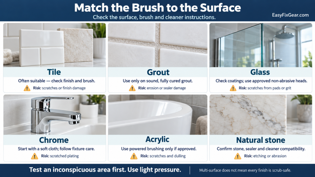 Six surface cards covering tile, grout, glass, chrome, acrylic and natural stone, with conditional brush guidance and potential cleaning risks